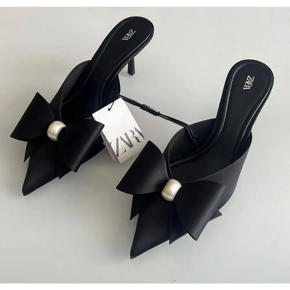 ZARA Black Satin Bow Pearl Slingback Heels NWT Pointed Toe Size 6.5